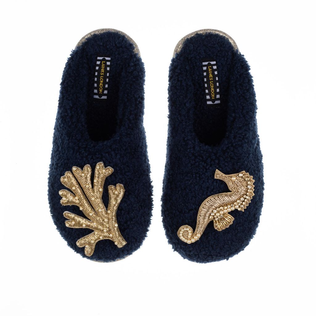 Women's Blue Teddy Towelling Closed Toe Slippers With Gold Seahorse & Coral Brooches - Navy Small LAINES LONDON