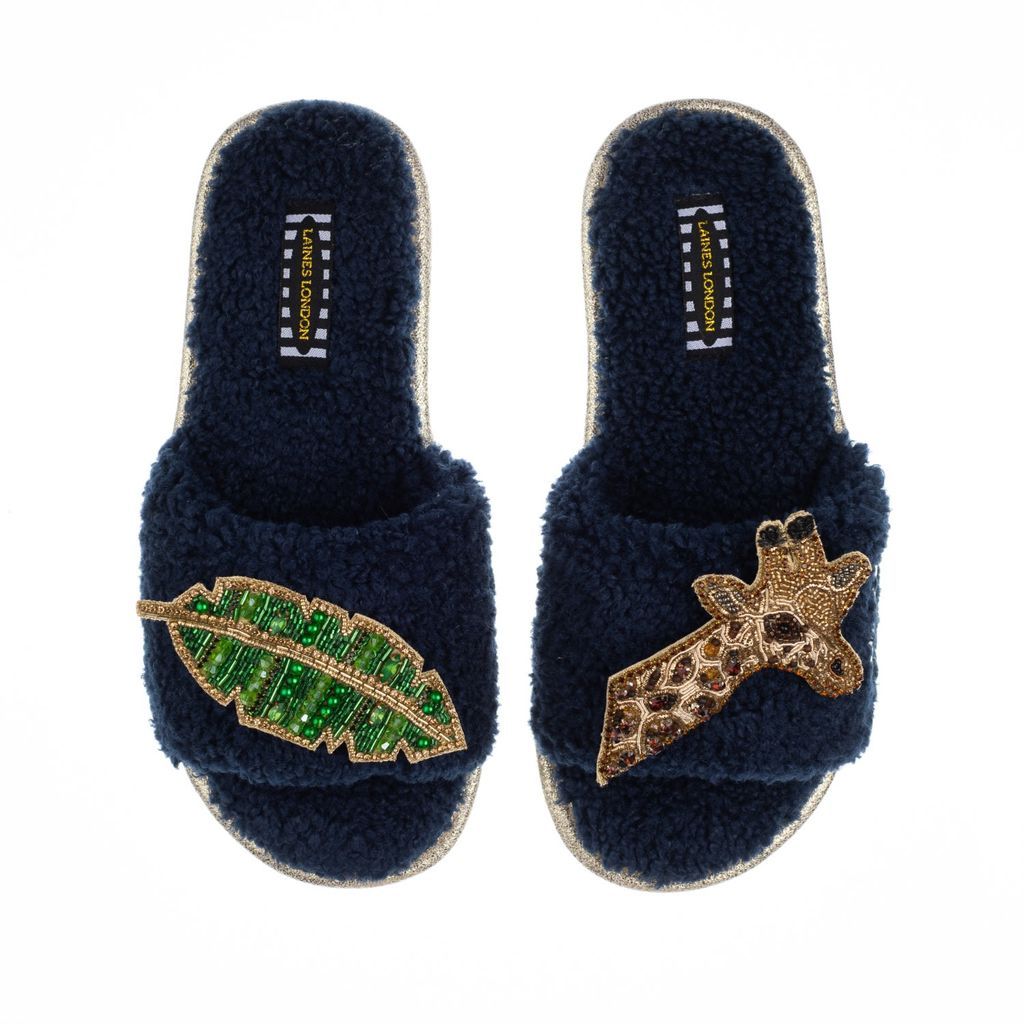 Women's Blue Teddy Towelling Slipper Sliders With Gold Giraffe & Leaf Brooches - Navy Small LAINES LONDON