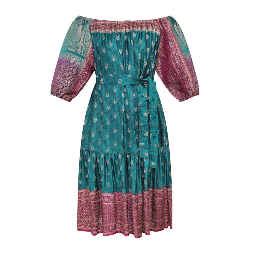Women's Ausus - Emerald Green Vintage Silk Sari Maxi Dress One Size Eluroom