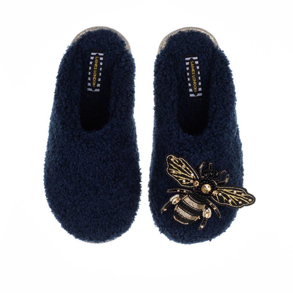 Women's Blue Teddy Towelling Closed Toe Slippers With Artisan Golden Honeybee - Navy Small LAINES LONDON
