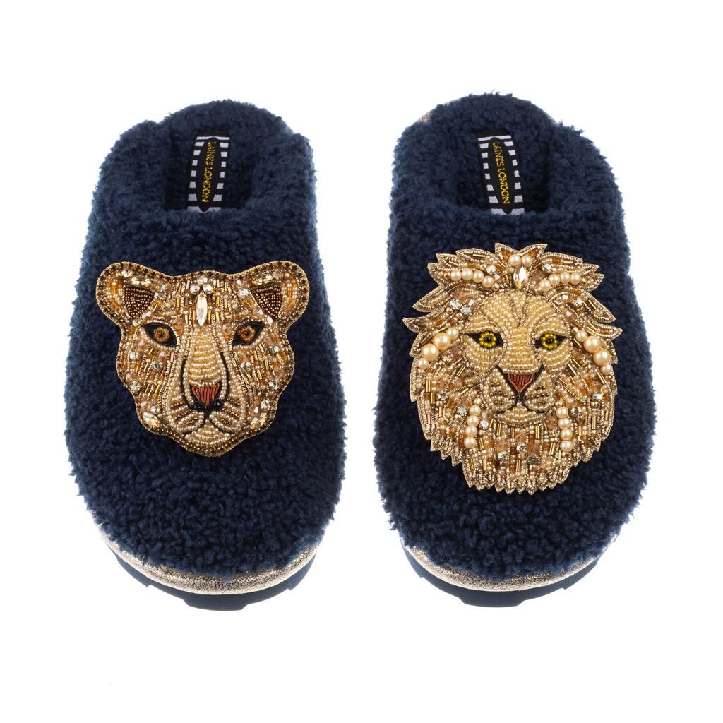 Women's Blue Teddy Towelling Closed Toe Slippers With Artisan Gold Lion & Lioness Brooches - Navy Small LAINES LONDON