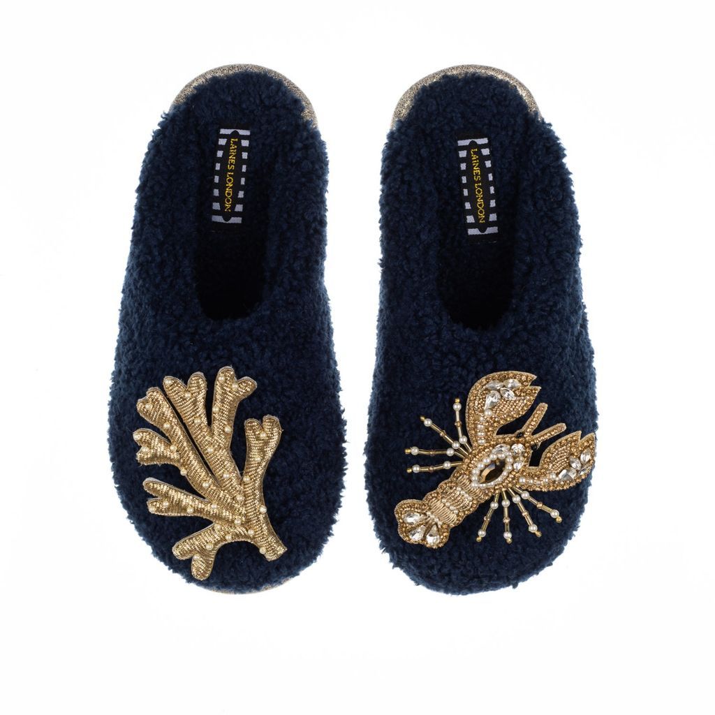 Women's Blue Teddy Towelling Closed Toe Slippers With Gold Lobster & Coral Brooches - Navy Small LAINES LONDON