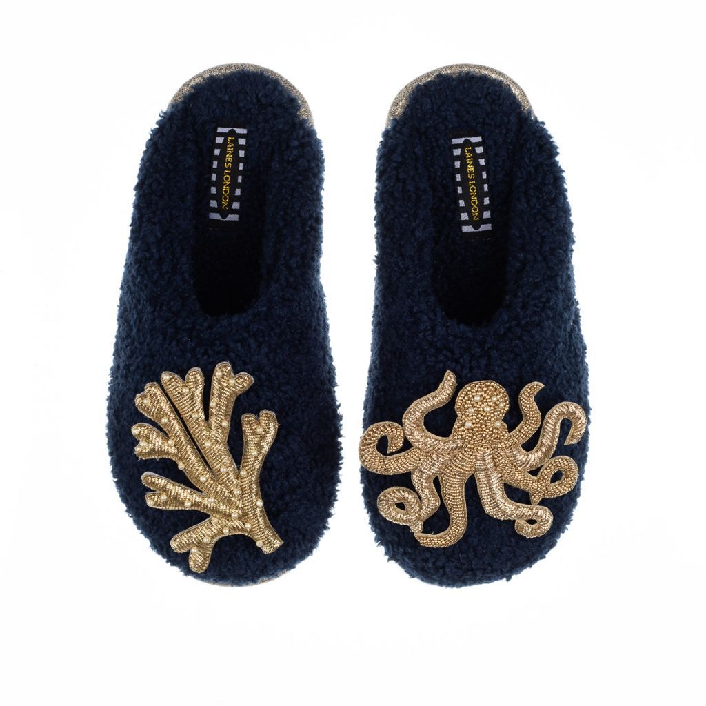 Women's Blue Teddy Towelling Closed Toe Slippers With Gold Octopus & Coral Brooches - Navy Small LAINES LONDON