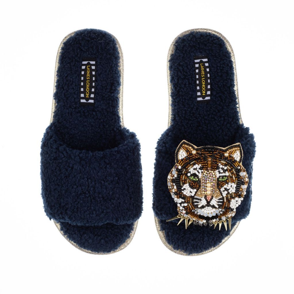 Women's Blue Teddy Towelling Slipper Sliders With Artisan Tiger Head Brooch - Navy Small LAINES LONDON