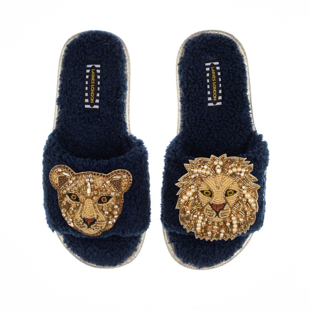 Women's Blue Teddy Towelling Slipper Sliders With Golden Lion & Lioness Brooches - Navy Small LAINES LONDON