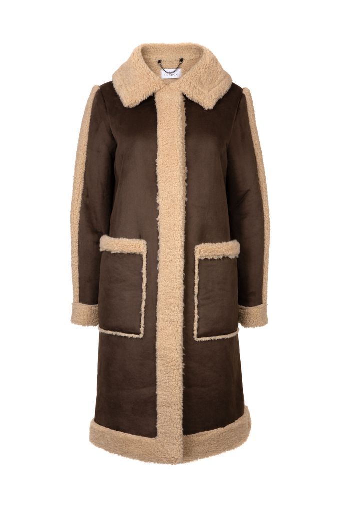 Women's Brown Ruby Long Faux Shearling Coat Choc/Biscuit Small ISSY LONDON