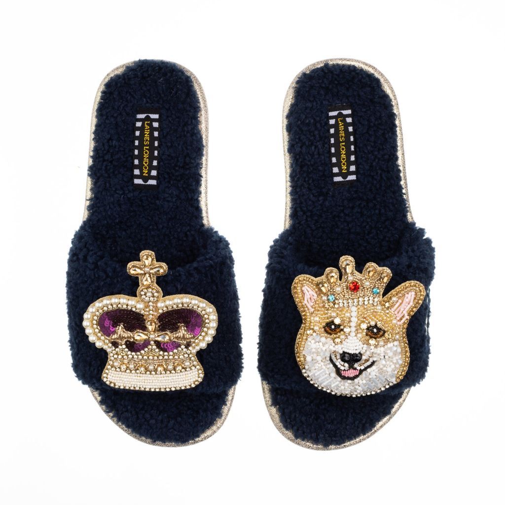 Women's Blue Teddy Towelling Slipper Sliders With Sandy The Corgi & Royal Crown Brooches - Navy Small LAINES LONDON