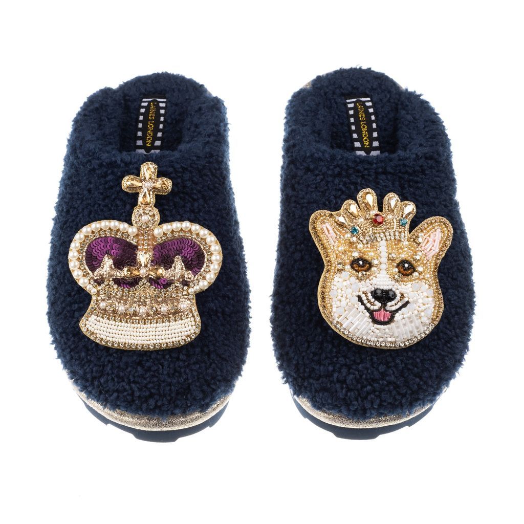 Women's Blue Teddy Towelling Closed Toe Slippers With Sandy The Corgi & Royal Crown Brooches - Navy Small LAINES LONDON