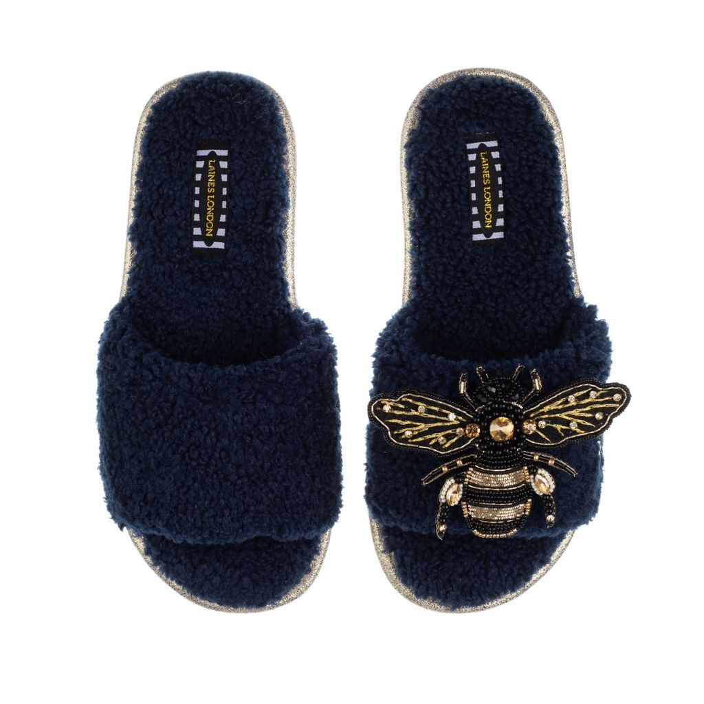Women's Blue Teddy Towelling Slipper Sliders With Artisan Golden Honeybee - Navy Small LAINES LONDON