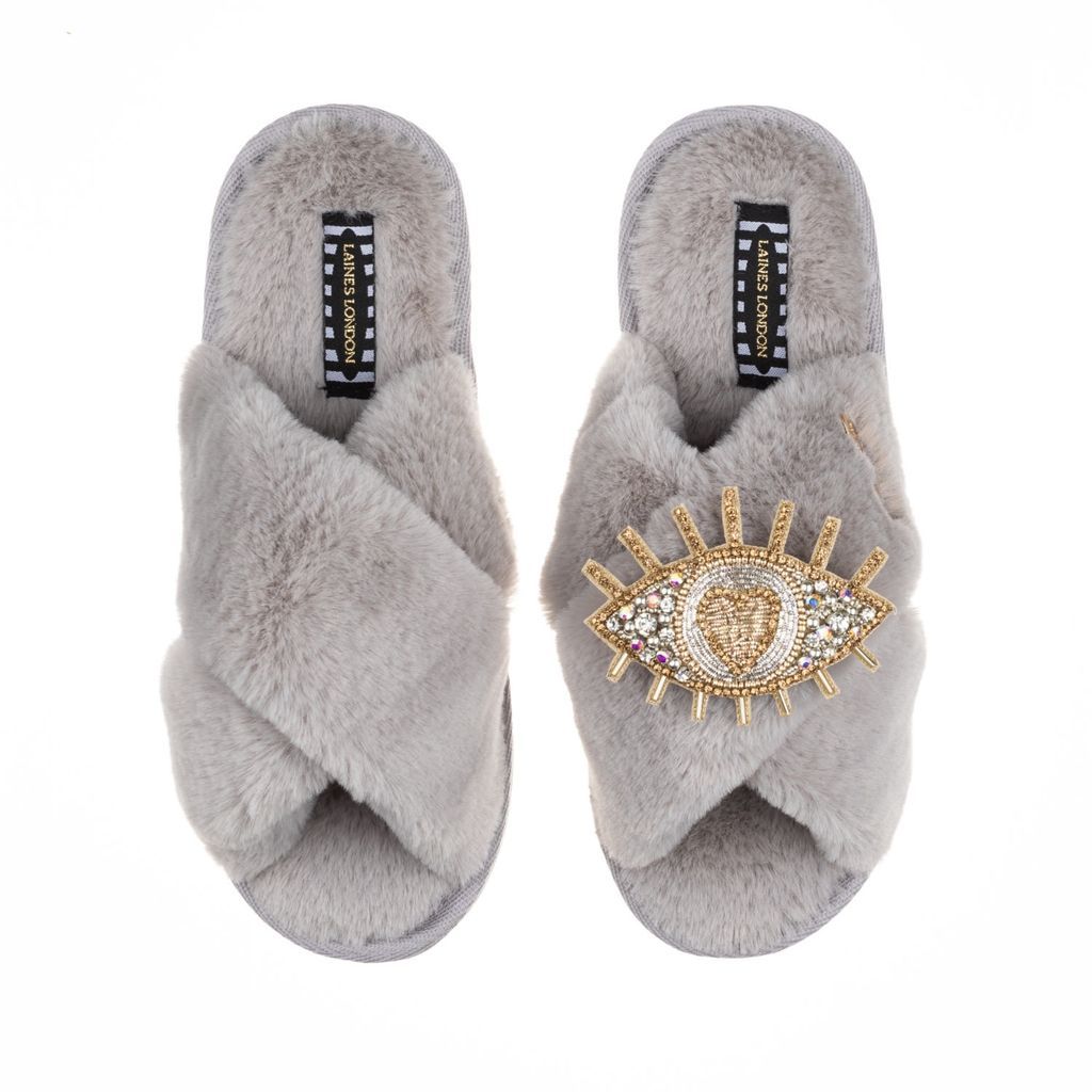 Women's Classic Laines Slippers With Artisan Gold & Silver Eye Brooch - Grey Small LAINES LONDON