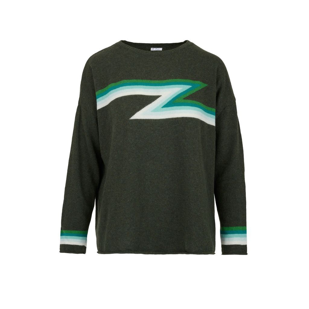 Women's Cashmere Mix Sweater In Forest Green Zigzag One Size At Last...