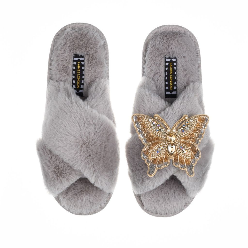 Women's Classic Laines Slippers With Artisan Golden Butterfly Brooch - Grey Small LAINES LONDON