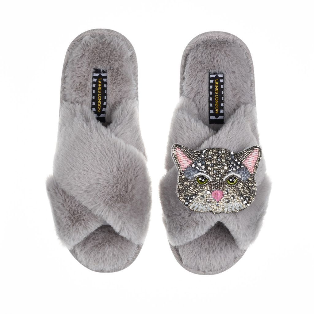 Women's Classic Laines Slippers With Artisan Luna Cat Brooch - Grey Small LAINES LONDON