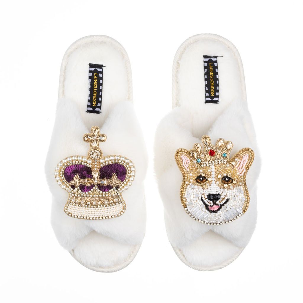 Women's White Classic Laines Slippers With Artisan Sandy The Corgi & Royal Crown Brooches - Cream Small LAINES LONDON