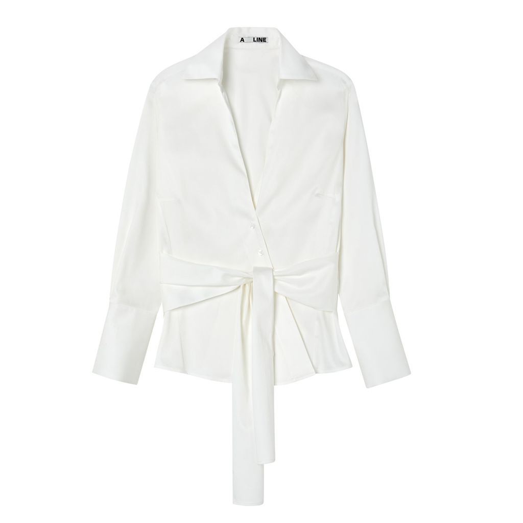 Women's White Diagonal-Placket Belted Shirt Extra Small A LINE