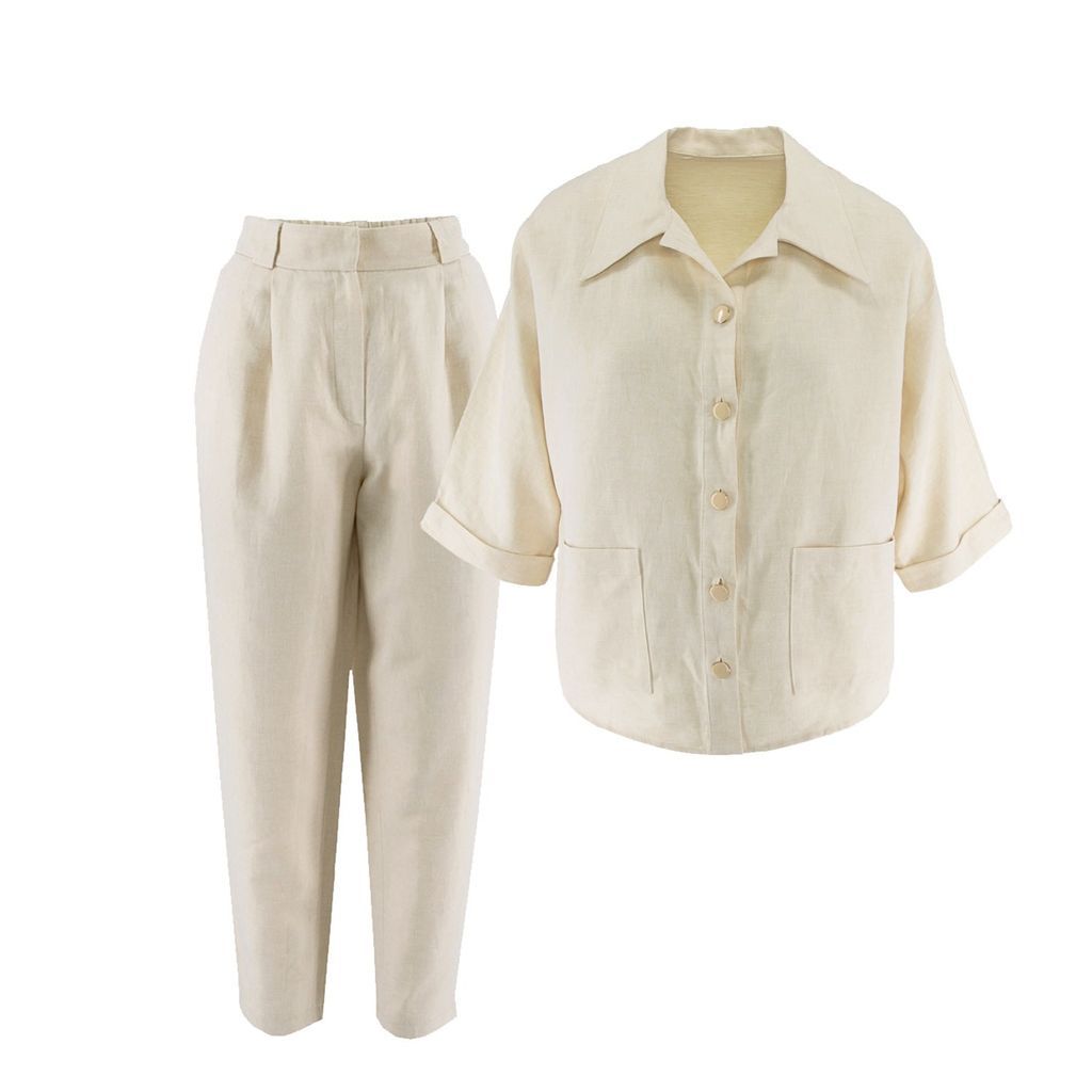 Women's White Linen Set With Cropped Trousers Extra Small BLUZAT