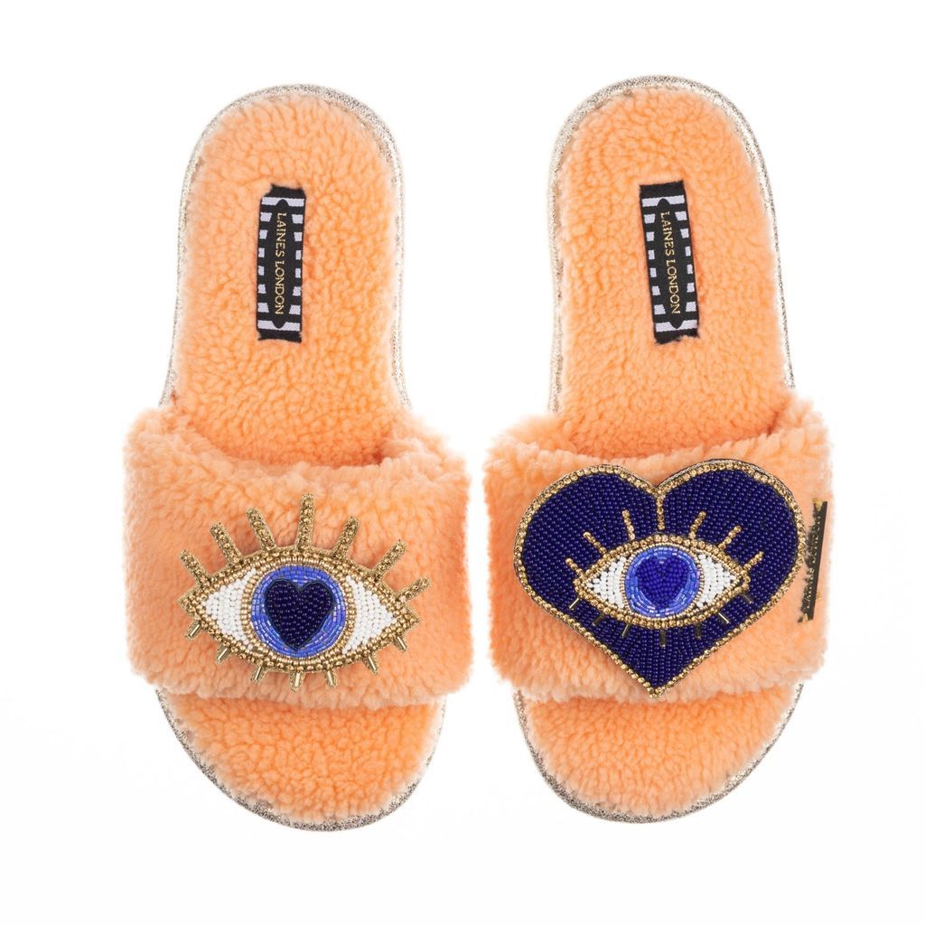 Women's Yellow / Orange Teddy Towelling Slipper / Sliders With Double Blue Eye Brooches - Coral Orange Small LAINES LONDON