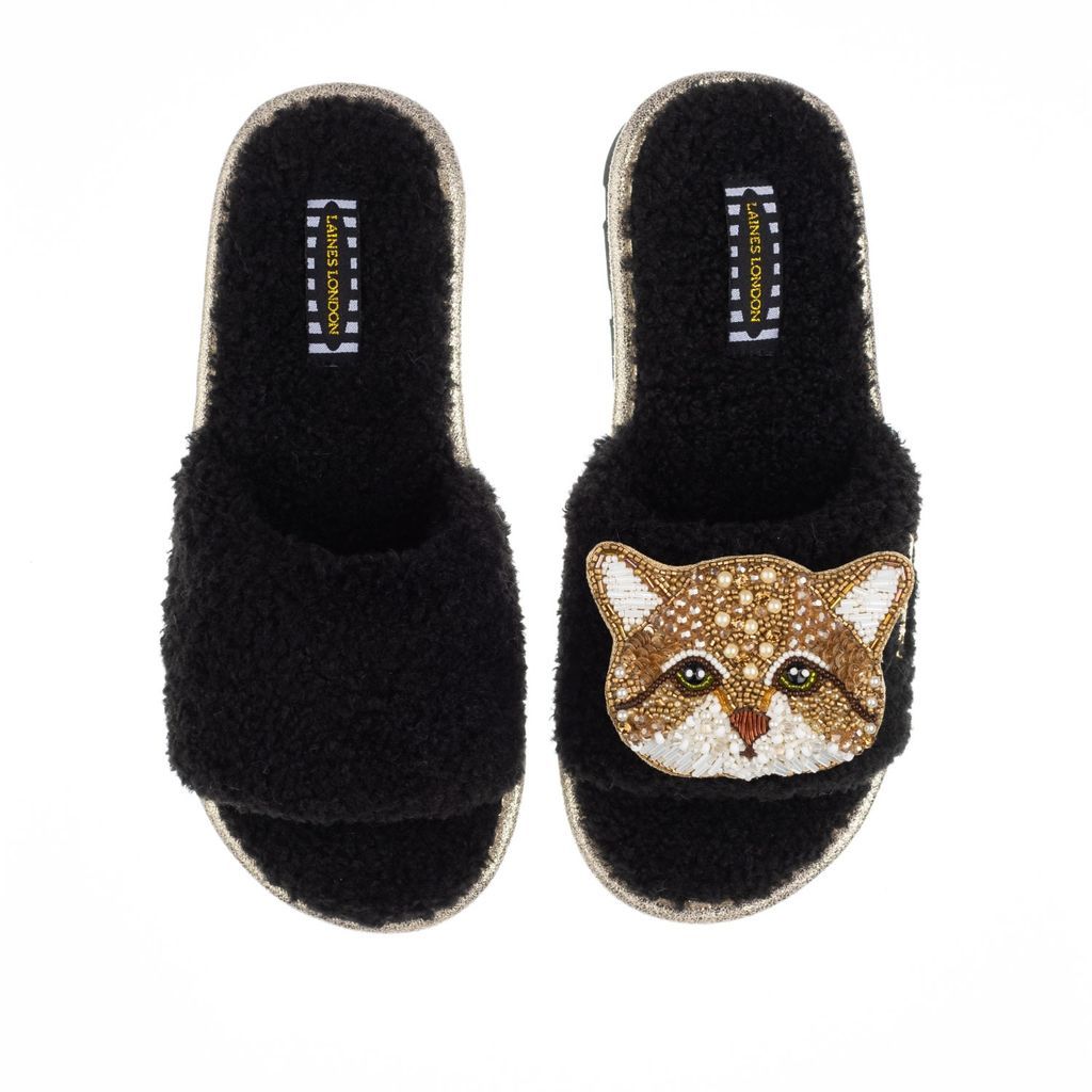 Women's Teddy Towelling Slipper Sliders With Tom Cat Brooch - Black Small LAINES LONDON