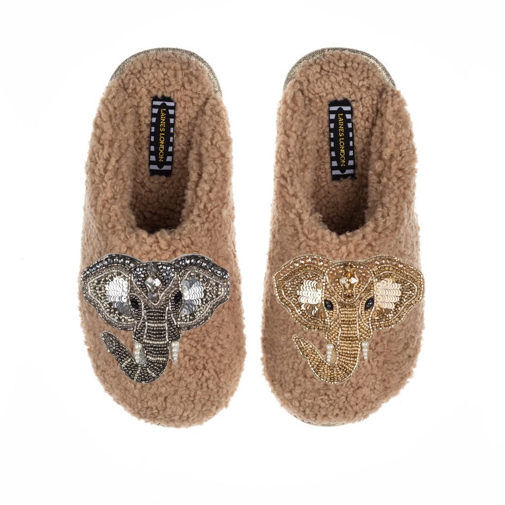 Women's Brown Teddy Towelling Closed Toe Slippers With Artisan Gold & Silver Elephant Brooches - Toffee Small LAINES LONDON