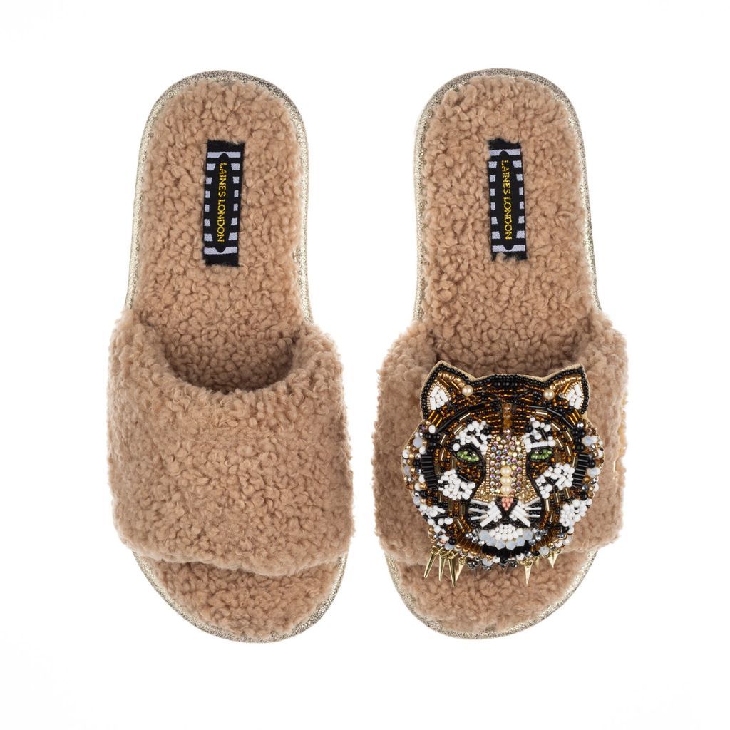 Women's Brown Teddy Towelling Slipper Sliders With Artisan Tiger Head Brooch - Toffee Small LAINES LONDON