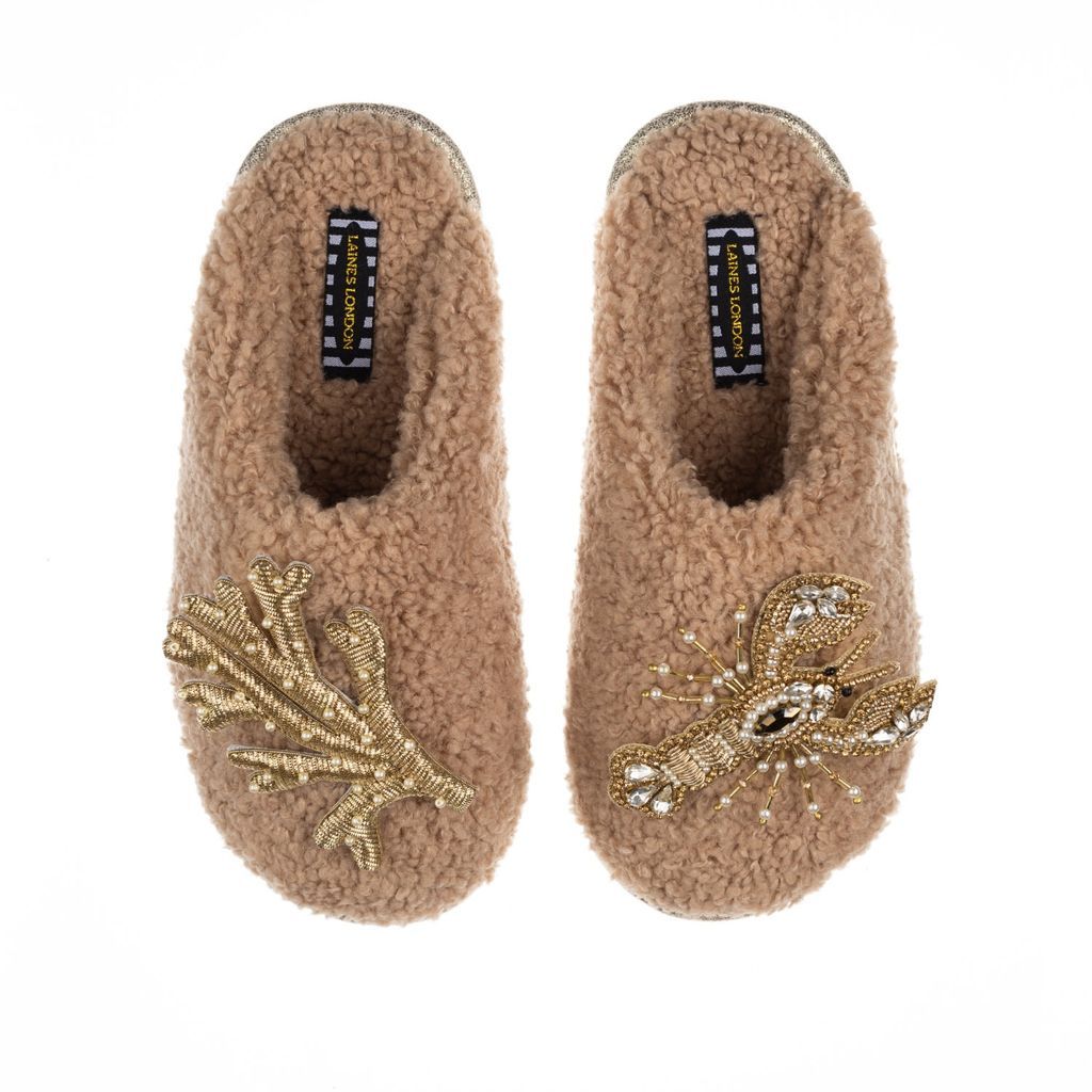 Women's Brown Teddy Towelling Closed Toe Slippers With Gold Lobster & Coral Brooches - Toffee Small LAINES LONDON