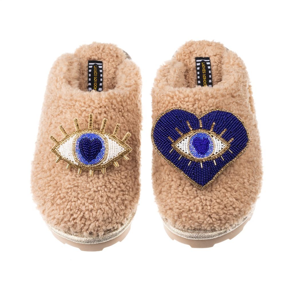 Women's Brown Teddy Towelling Closed Toe Slippers With Double Blue Eye Brooches - Toffee Small LAINES LONDON