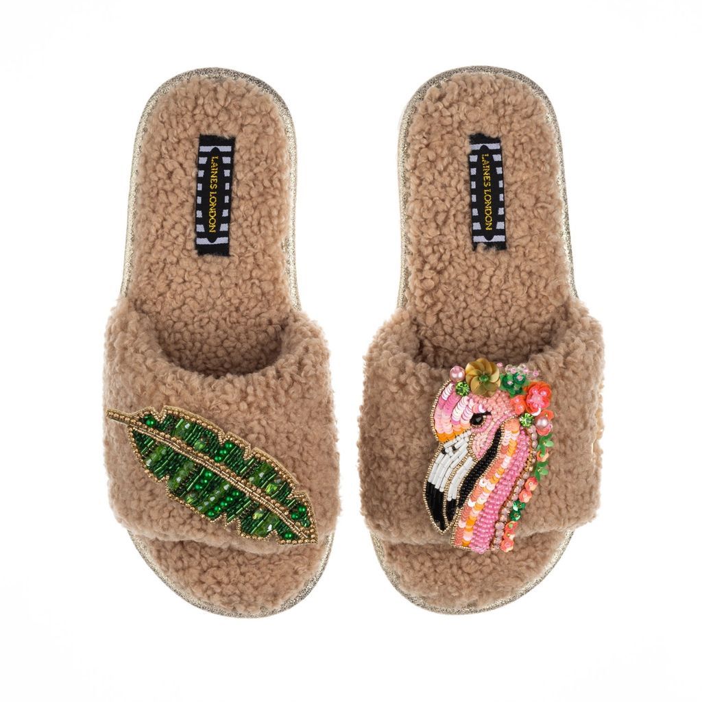 Women's Brown Teddy Towelling Slipper Sliders With Artisan Rosa Flamingo & Banana Leaf Brooches - Toffee Small LAINES LONDON