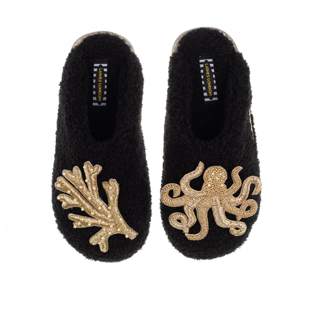 Women's Teddy Towelling Closed Toe Slippers With Gold Octopus & Coral Brooches - Black Small LAINES LONDON