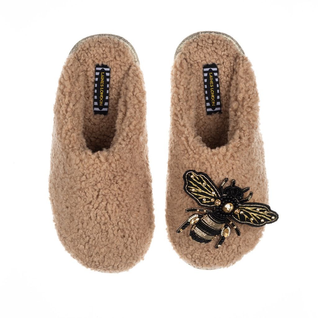 Women's Brown Teddy Towelling Closed Toe Slippers With Artisan Golden Honeybee - Toffee Small LAINES LONDON