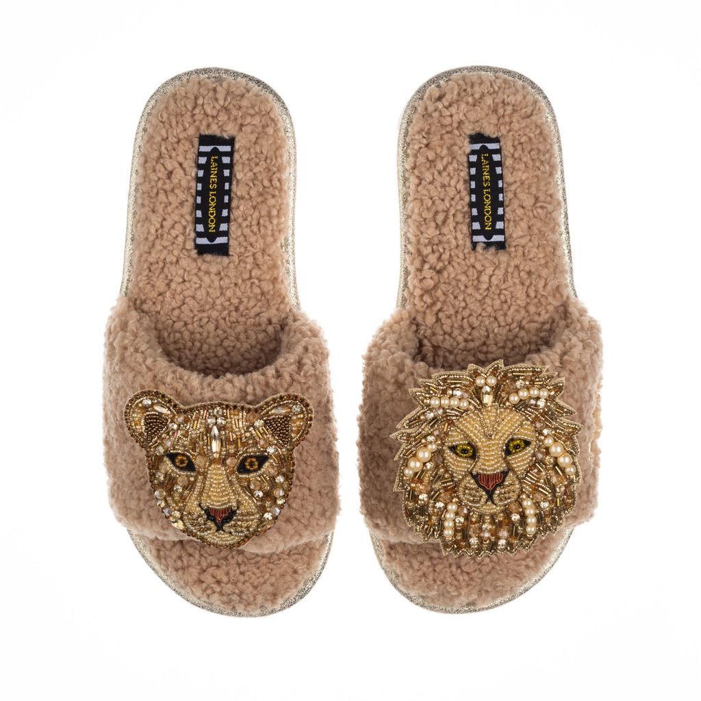 Women's Brown Teddy Towelling Slipper Sliders With Golden Lion & Lioness Brooches - Toffee Small LAINES LONDON