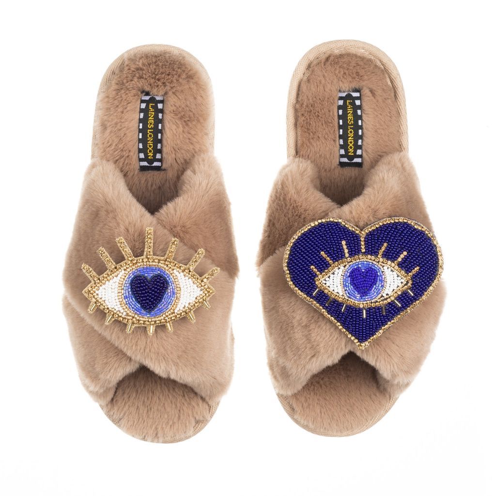 Women's Brown Classic Laines Slippers With Artisan Double Blue Eye Brooches - Toffee Large LAINES LONDON