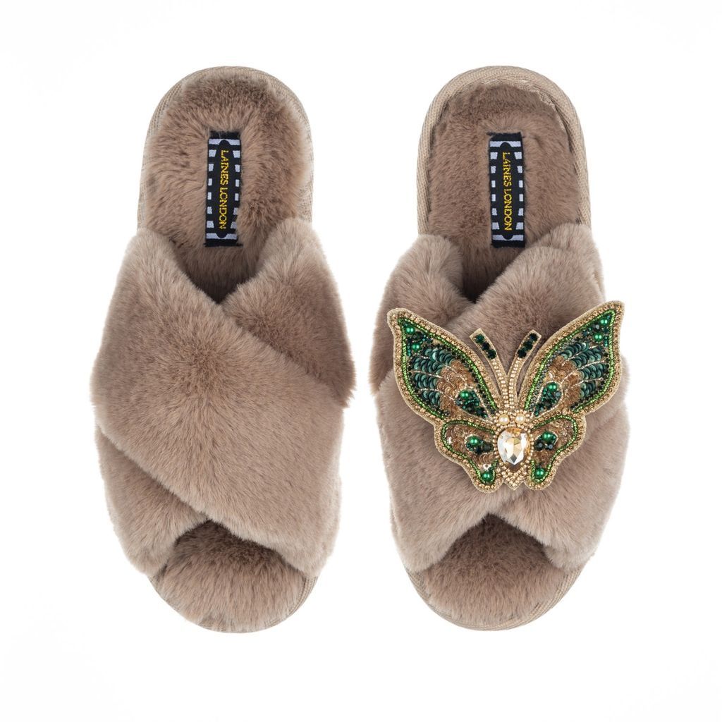 Women's Brown Classic Laines Slippers With Artisan Gold & Green Butterfly Brooch - Toffee Large LAINES LONDON