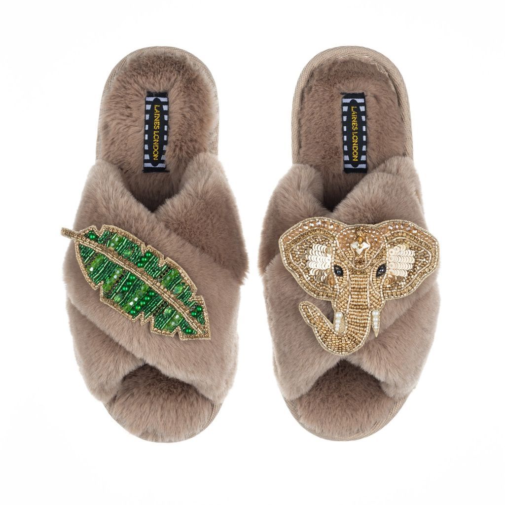 Women's Brown Classic Laines Slippers With Artisan Golden Elephant & Leaf Brooches - Toffee Large LAINES LONDON
