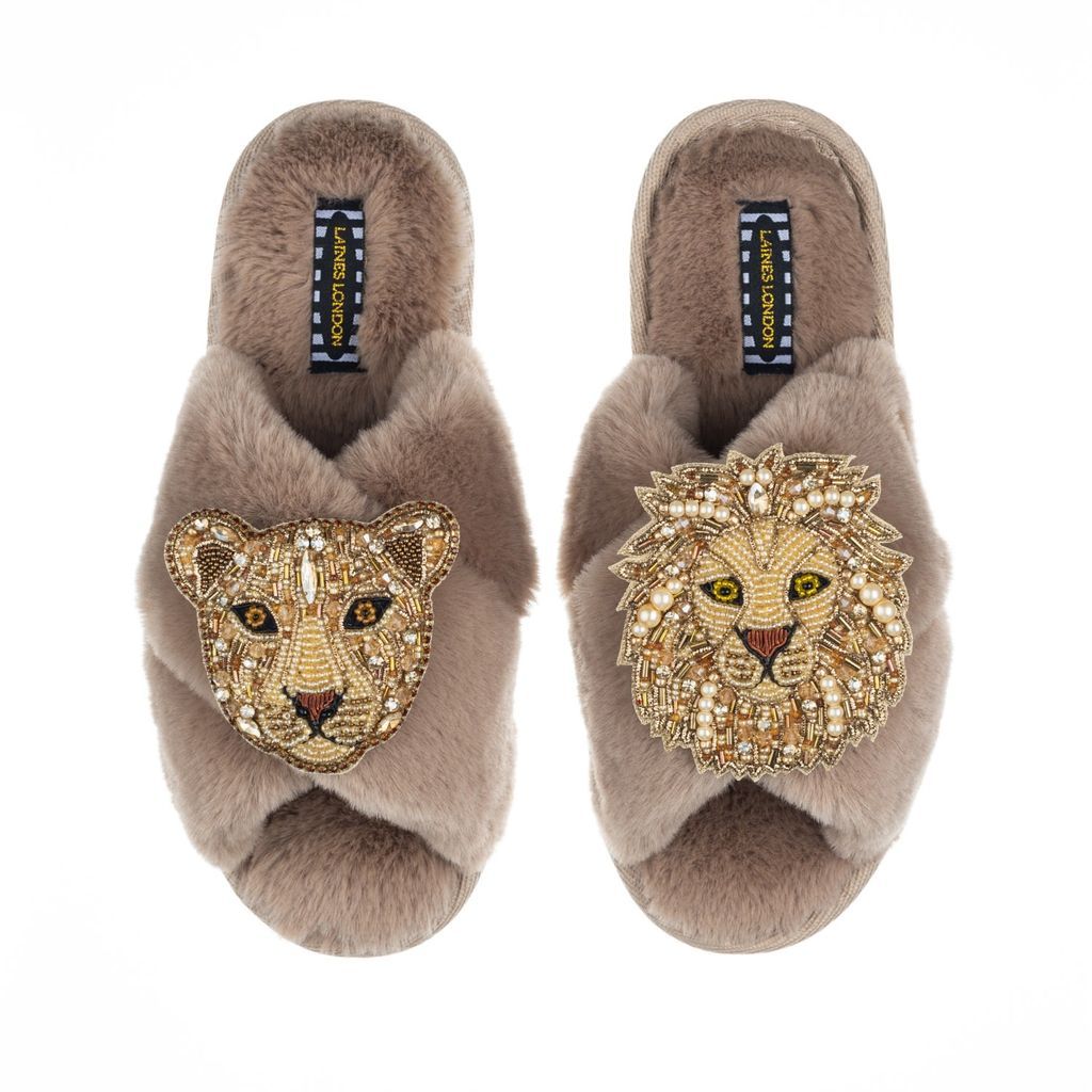 Women's Brown Classic Laines Slippers With Artisan Golden Lion & Lioness Brooches - Toffee Large LAINES LONDON