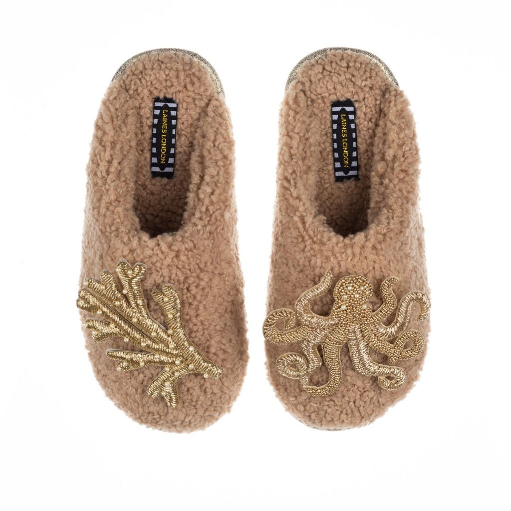 Women's Brown Teddy Towelling Closed Toe Slippers With Gold Octopus & Coral Brooches - Toffee Small LAINES LONDON