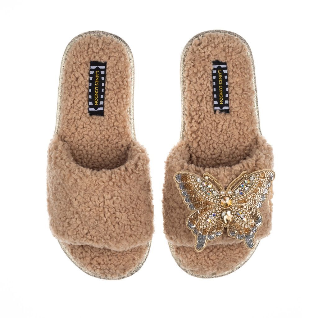 Women's Brown Teddy Towelling Slipper Sliders With Golden Butterfly Brooch - Toffee Small LAINES LONDON