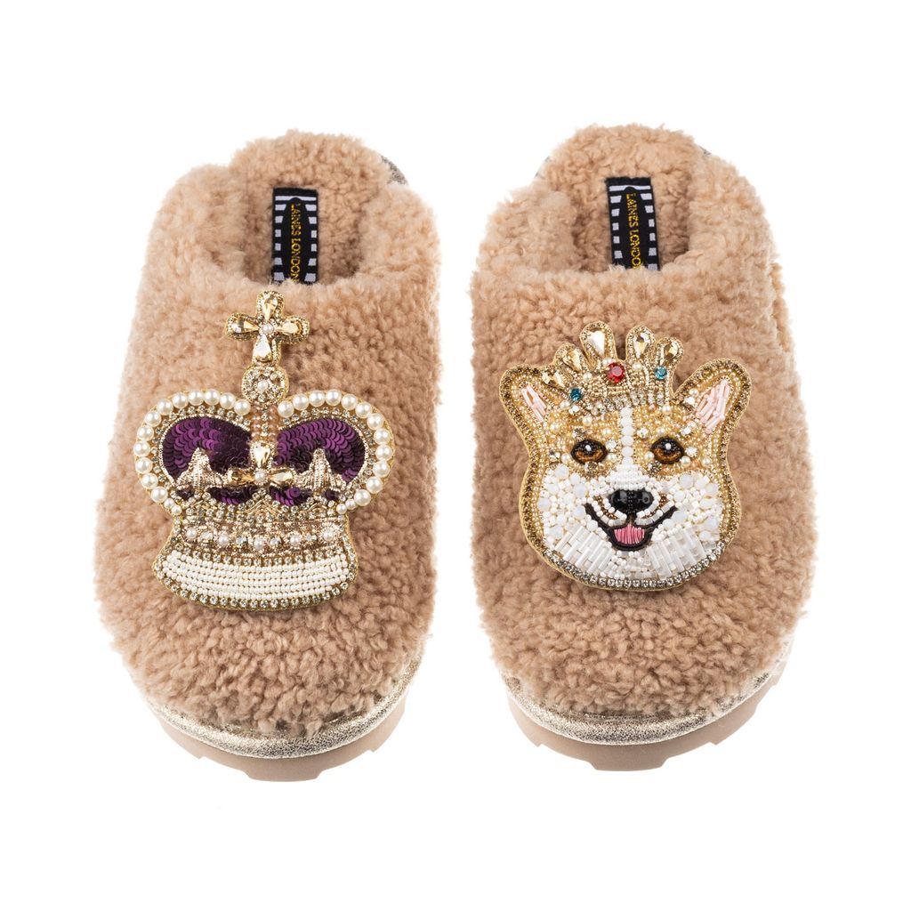 Women's Brown Teddy Towelling Closed Toe Slippers With Sandy The Corgi & Royal Crown Brooches - Toffee Small LAINES LONDON