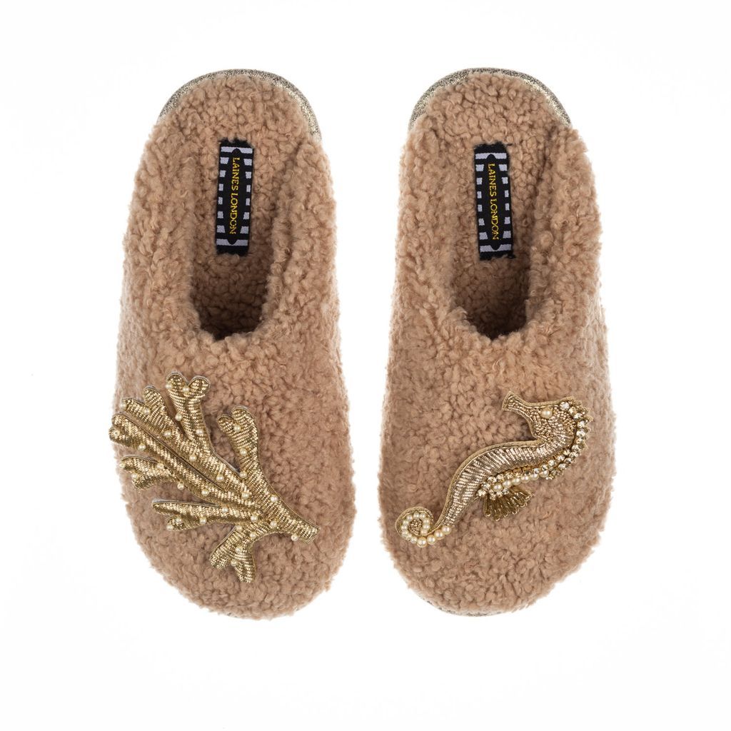 Women's Brown Teddy Towelling Closed Toe Slippers With Gold Seahorse & Coral Brooches - Toffee Small LAINES LONDON