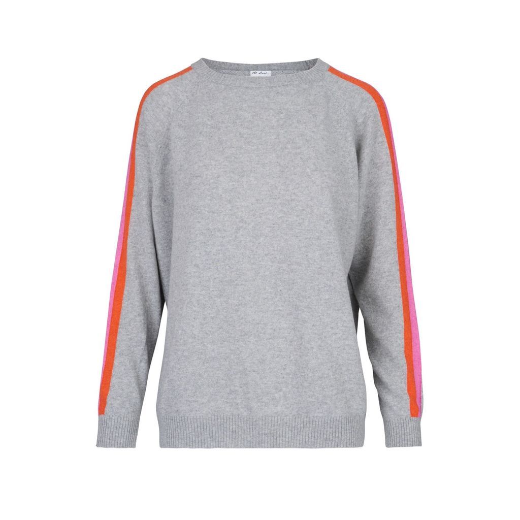 Women's Cashmere Mix Sweater In Light Grey With Full Arm Stripe One Size At Last...