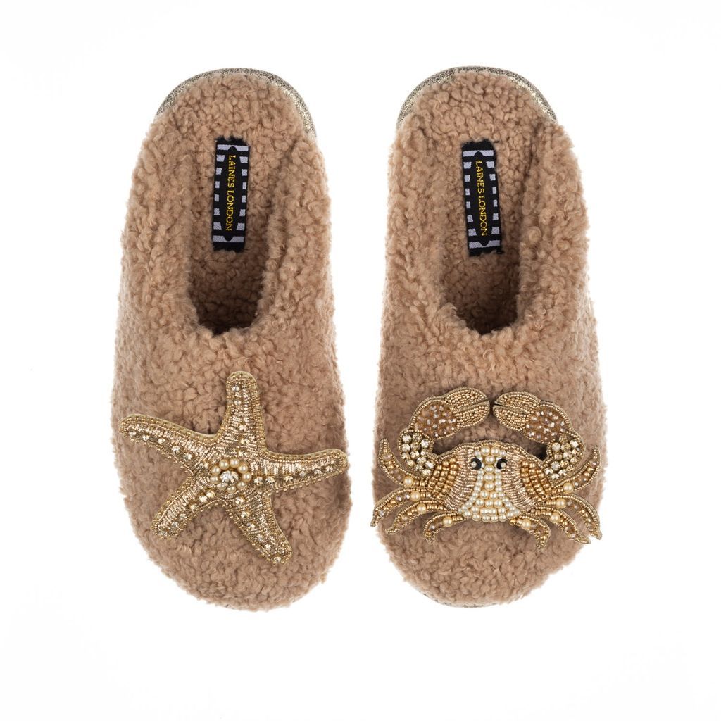 Women's Brown Teddy Towelling Closed Toe Slippers With Gold Crab & Starfish Brooches - Toffee Small LAINES LONDON