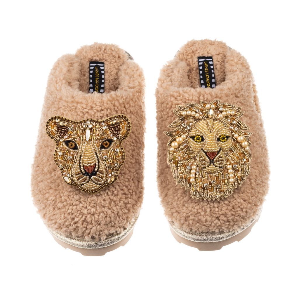 Women's Brown Teddy Towelling Closed Toe Slippers With Artisan Gold Lion & Lioness Brooches - Toffee Small LAINES LONDON