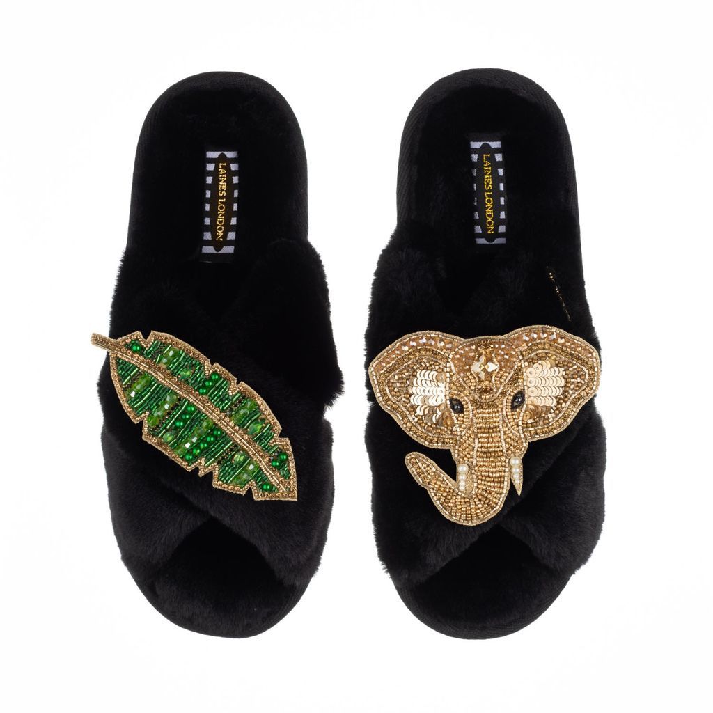 Women's Classic Laines Slippers With Artisan Golden Elephant & Leaf Brooches - Black Small LAINES LONDON