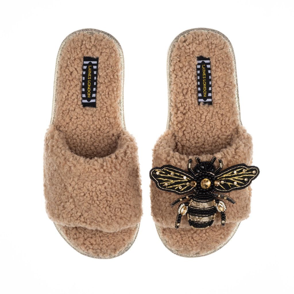 Women's Brown Teddy Towelling Slipper Sliders With Artisan Golden Honeybee - Toffee Small LAINES LONDON