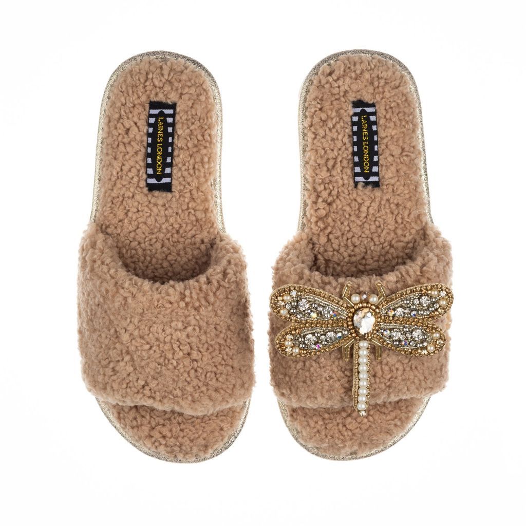 Women's Brown Teddy Towelling Slipper Sliders With Artisan Gold, Silver & Pearl Dragonfly Brooch - Toffee Small LAINES LONDON