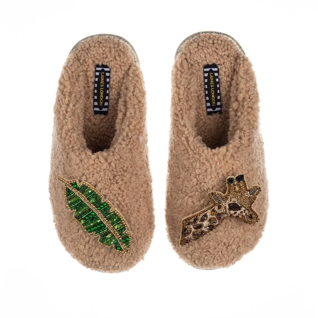Women's Brown Teddy Towelling Closed Toe Slippers With Artisan Giraffe & Leaf Brooches - Toffee Small LAINES LONDON