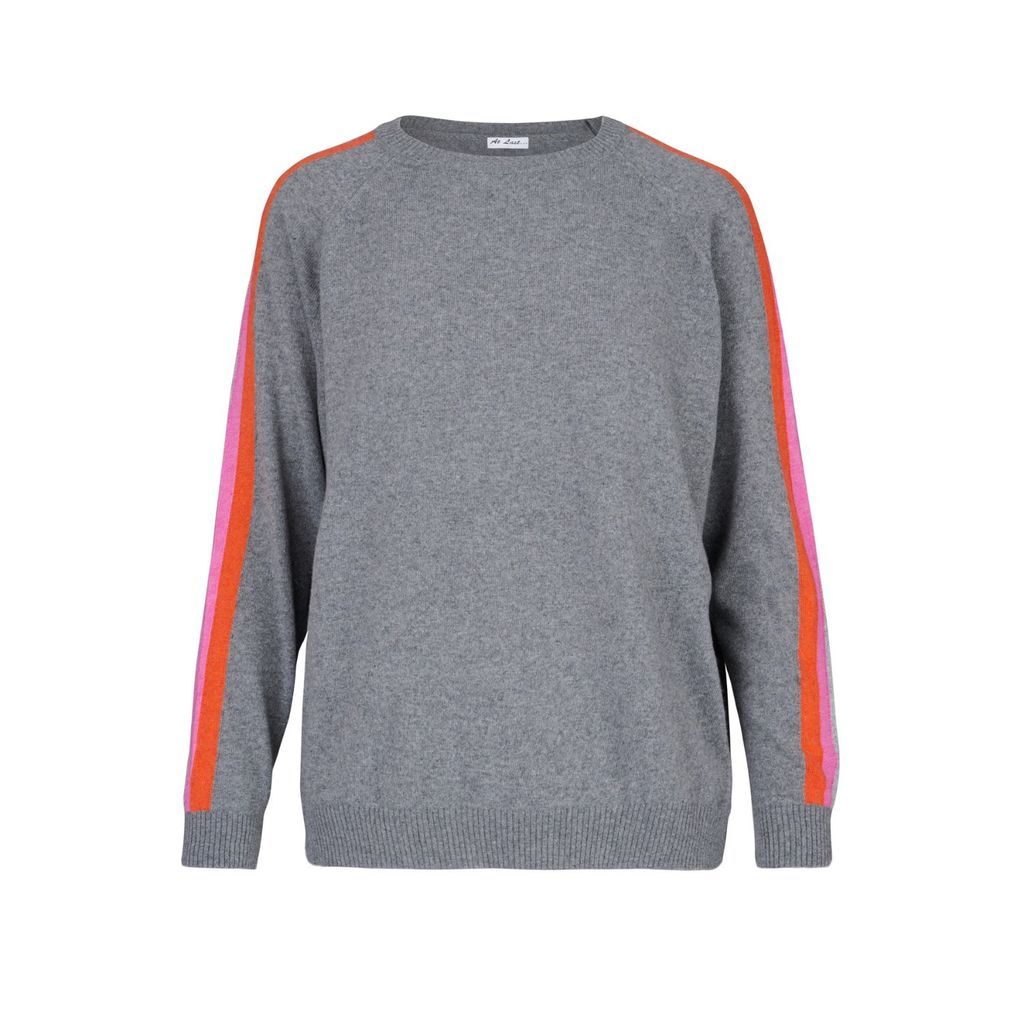 Women's Cashmere Mix Sweater In Dark Grey With Full Arm Stripe One Size At Last...