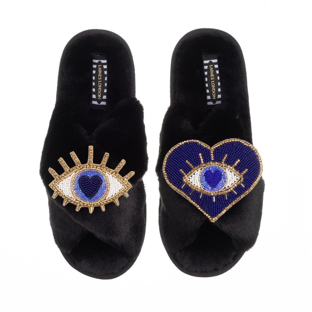 Women's Classic Laines Slippers With Artisan Double Blue Eye Brooches - Black Small LAINES LONDON