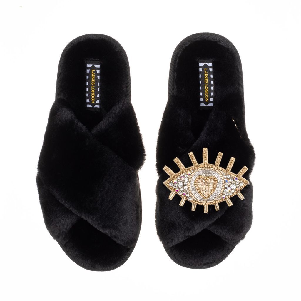 Women's Classic Laines Slippers With Artisan Gold & Silver Eye Brooch - Black Small LAINES LONDON