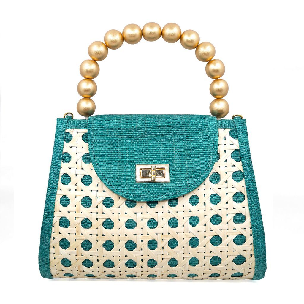 Women's The Sienna Emerald Green & Gold Rattan Woven Handbag Soli & Sun