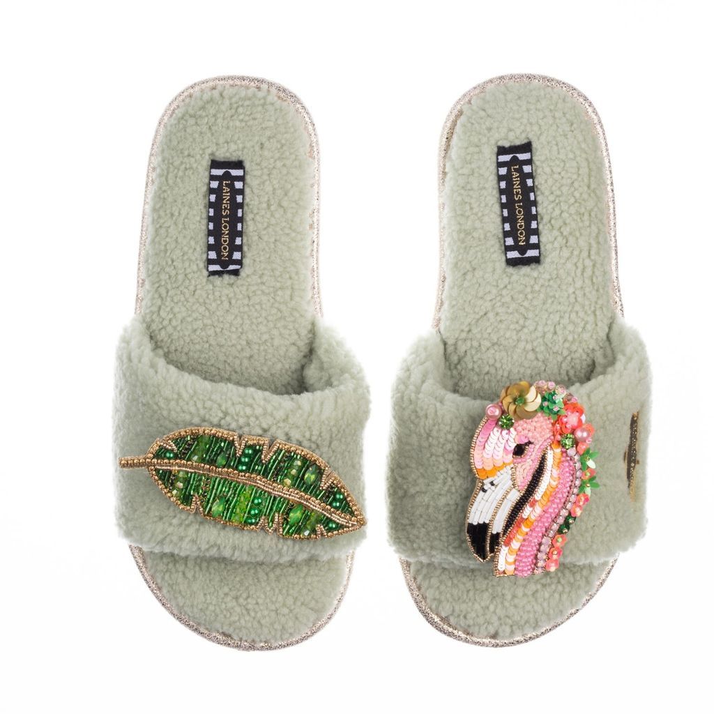 Women's Neutrals / Green Teddy Towelling Slipper / Sliders With Artisan Rosa Flamingo & Tropical Banana Leaf Brooches - Sage Green Small LAINES LONDON